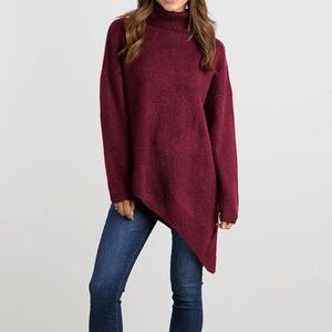 Turtle Neck Drop Shoulder Asymmetrical Hem Sweater
